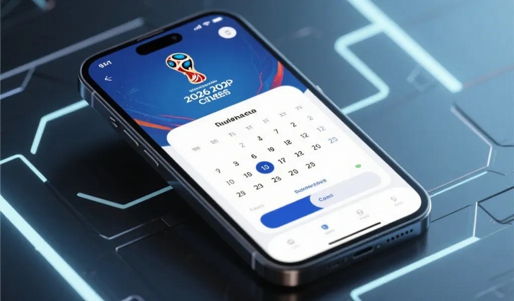 一部智能手机上显示着精心设计的2026世界杯赛程日历和个性化提醒界面，背景是现代科技感